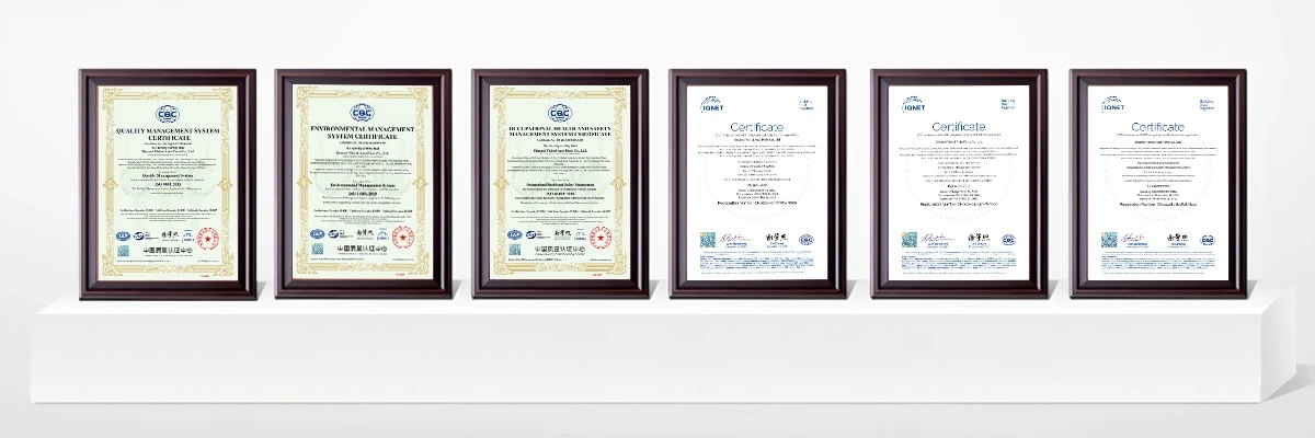Certificate Display ISO, CE, and other quality certifications